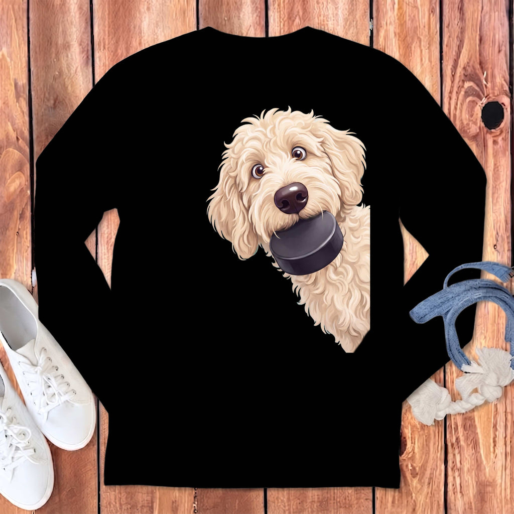 Cream Goldendoodle Hockey Puck Long Sleeve T-Shirt in Black / S by Puppy Jo
