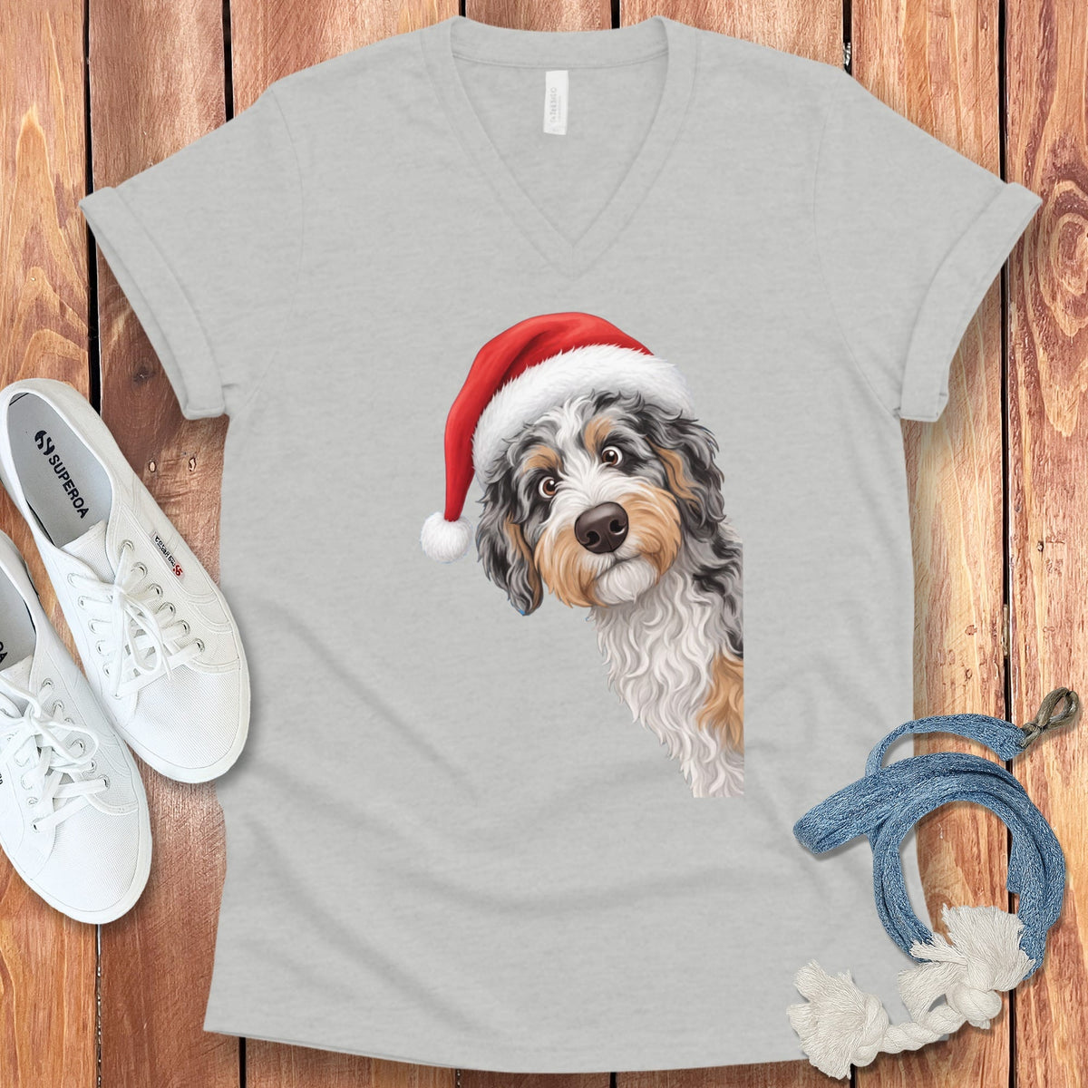 Phantom Goldendoodle Holiday Santa V-Neck T-Shirt in Athletic Heather / S by Puppy Jo
