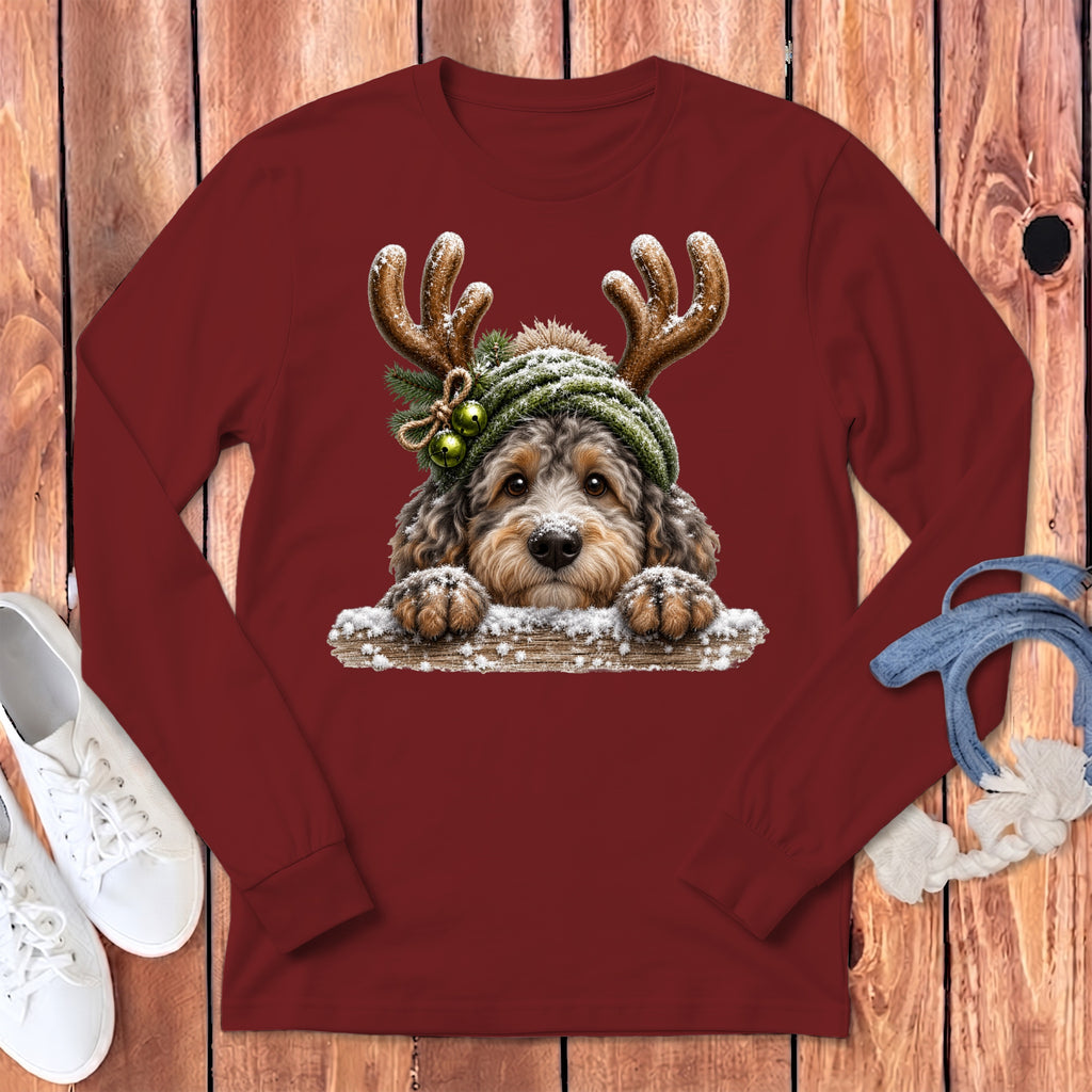 Maroon long-sleeve shirt with a festive dog wearing antlers and a knit hat.