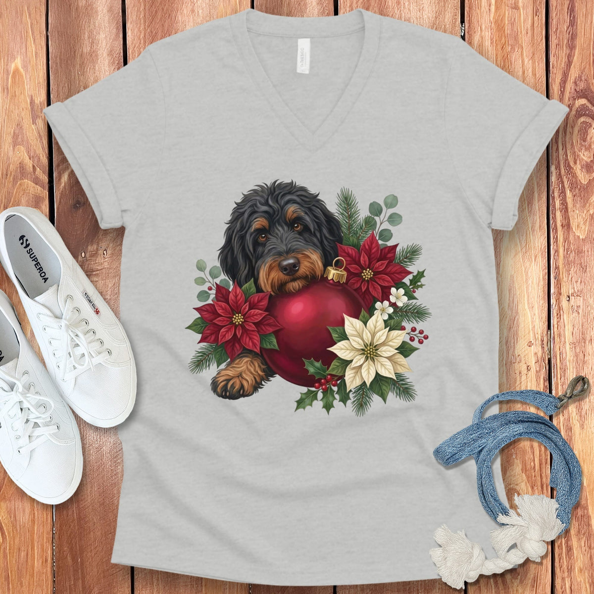 Phantom Goldendoodle Holiday Cheer V-Neck T-Shirt in Athletic Heather / S by Puppy Jo
