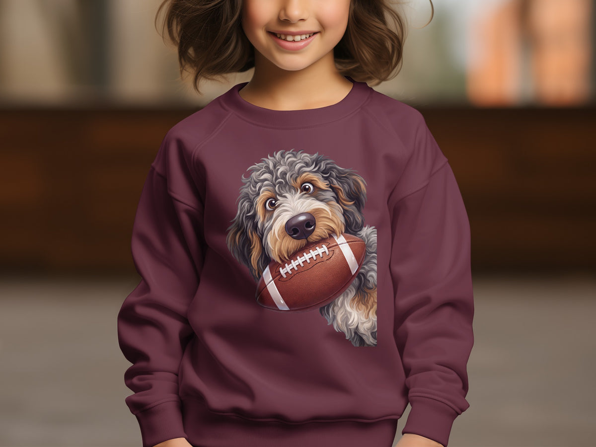 Burgundy sweatshirt featuring a doodle dog holding a football.