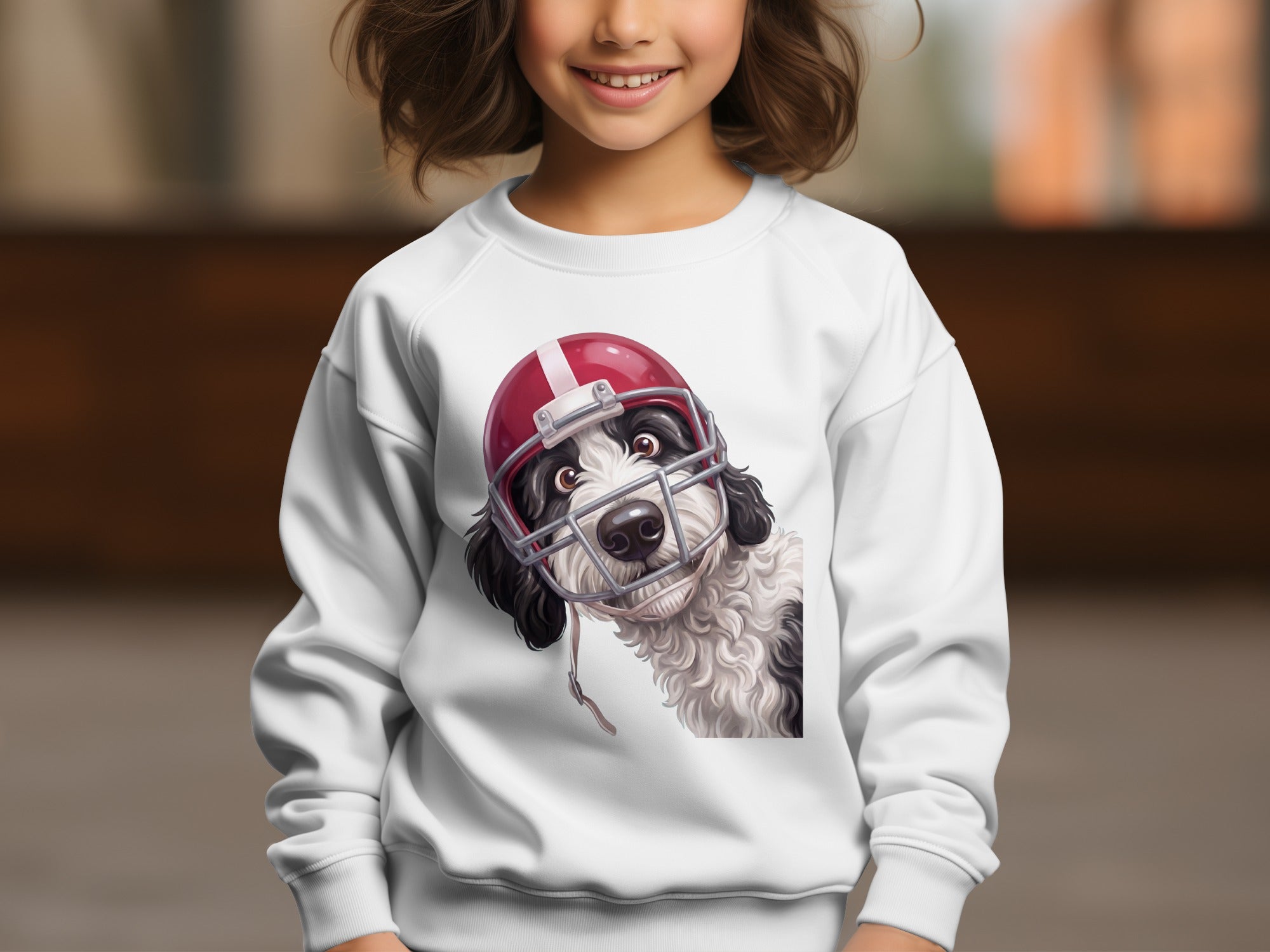 White sweatshirt with a graphic of a black and white dog wearing a red football helmet.