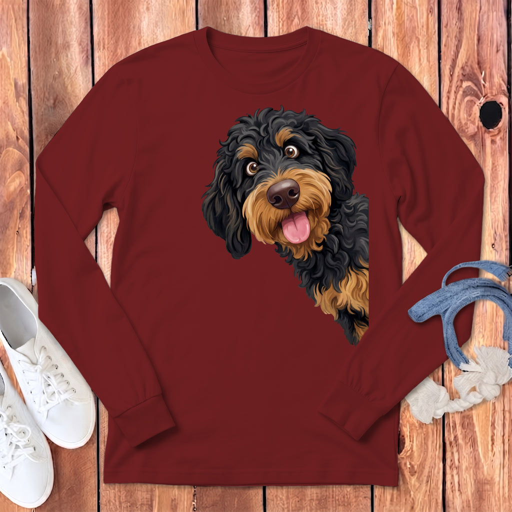 Maroon long-sleeve t-shirt with black and tan doodle dog graphic.
