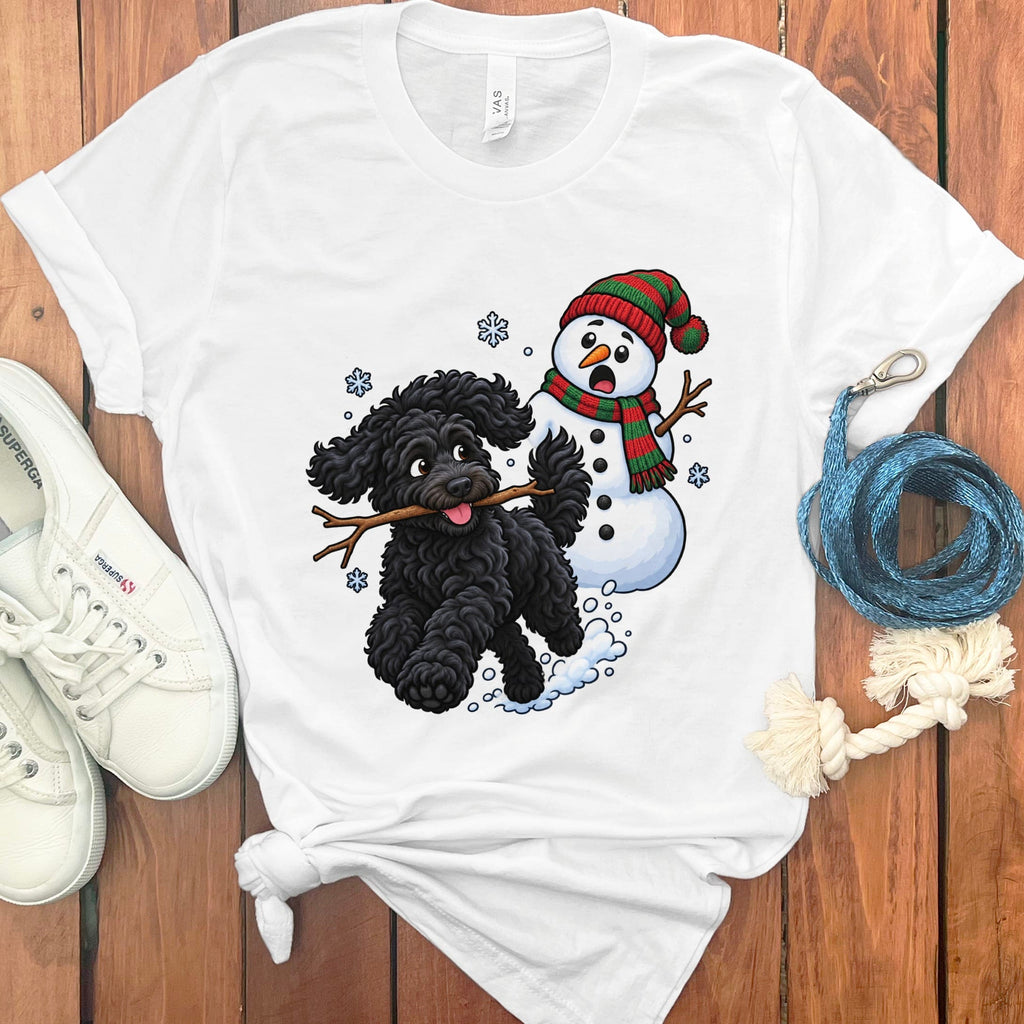 Black Goldendoodle Snowman T-Shirt in White / S by Puppy Jo