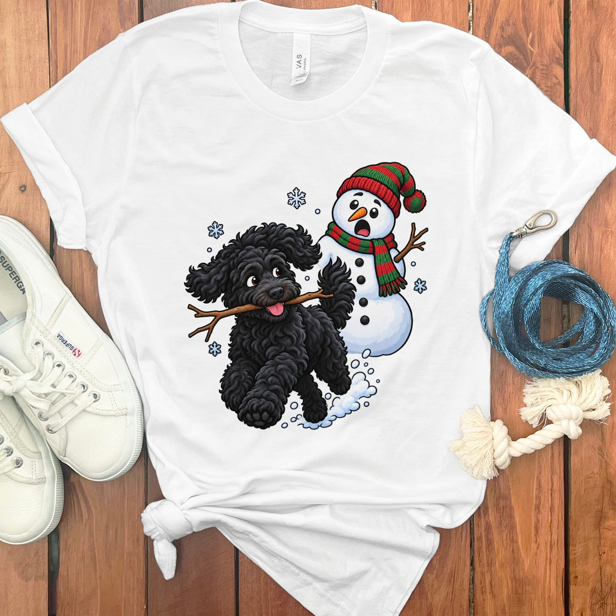 Black Goldendoodle Snowman T-Shirt in White / S by Puppy Jo