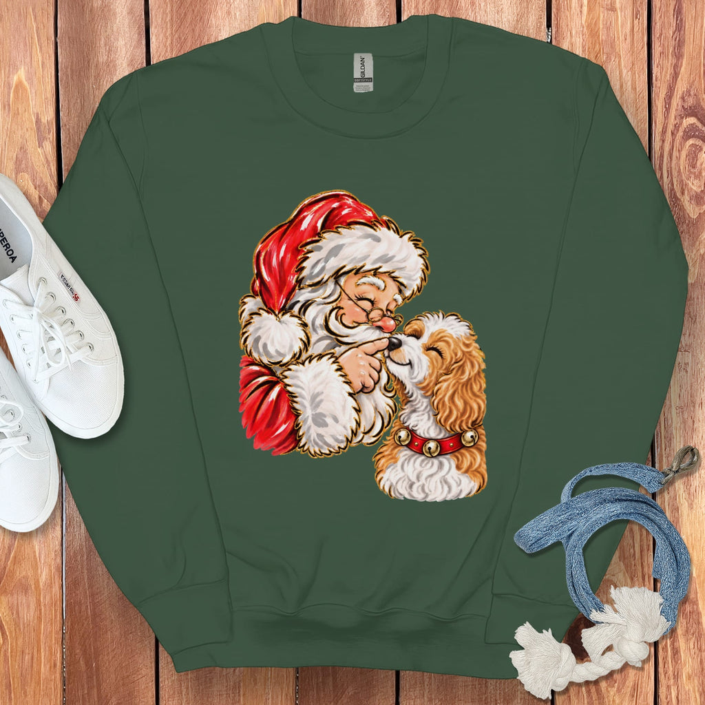Parti Goldendoodle Santa Kiss Sweatshirt in Forest Green / S by Puppy Jo