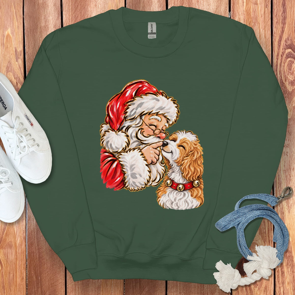 Parti Goldendoodle Santa Kiss Sweatshirt in Forest Green / S by Puppy Jo