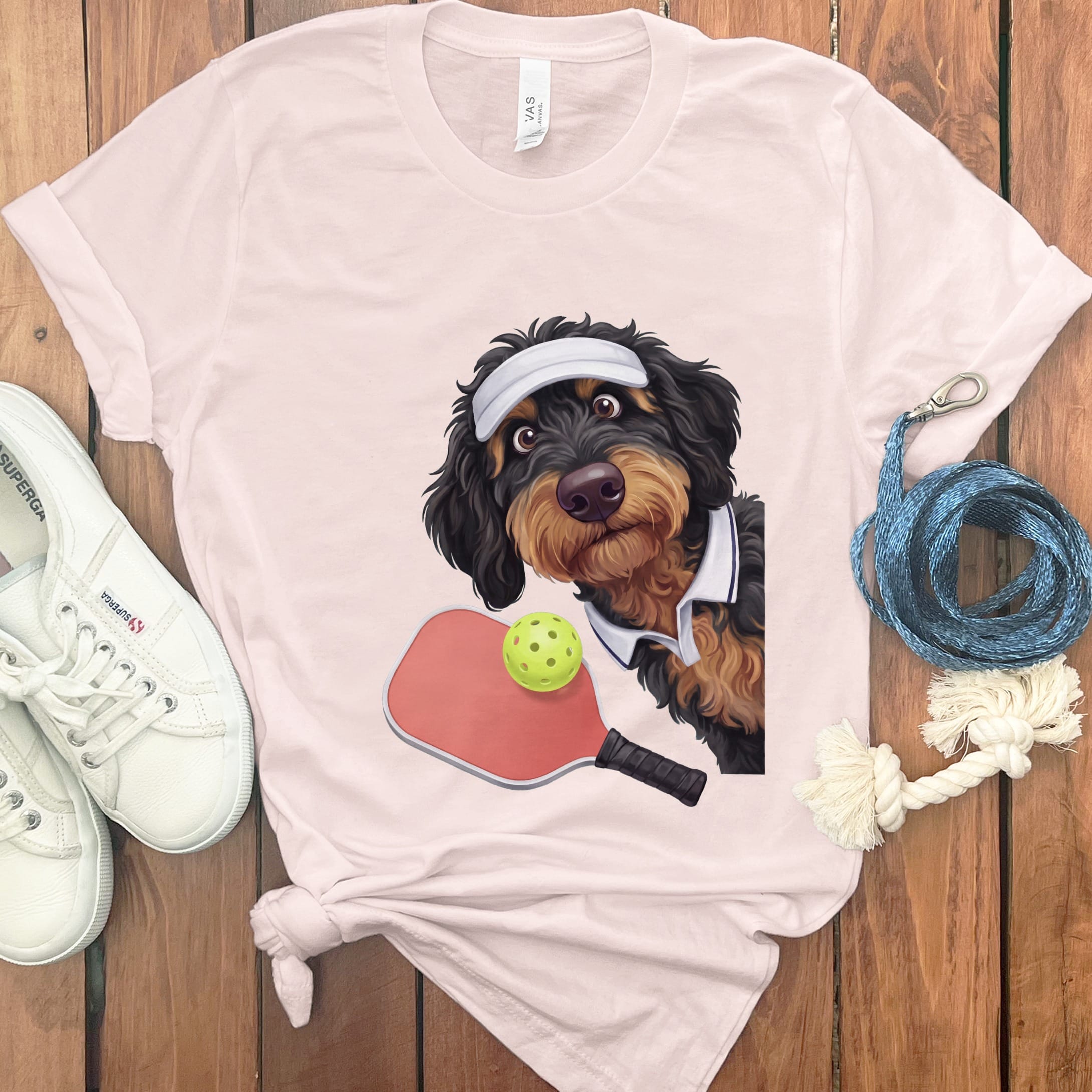 Phantom Goldendoodle Pickleball Player T-Shirt in Soft Pink / S by Puppy Jo
