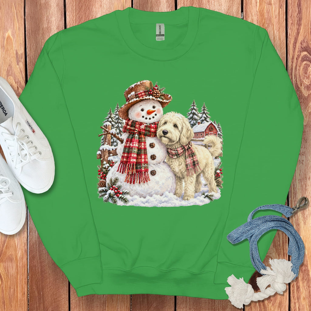 Cream Goldendoodle Christmas Snowman Sweatshirt in Irish Green / S by Puppy Jo