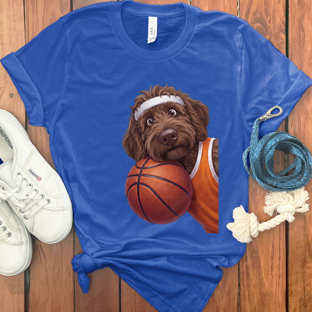 Chocolate Goldendoodle Basketball Player T-Shirt in True Royal / S by Puppy Jo