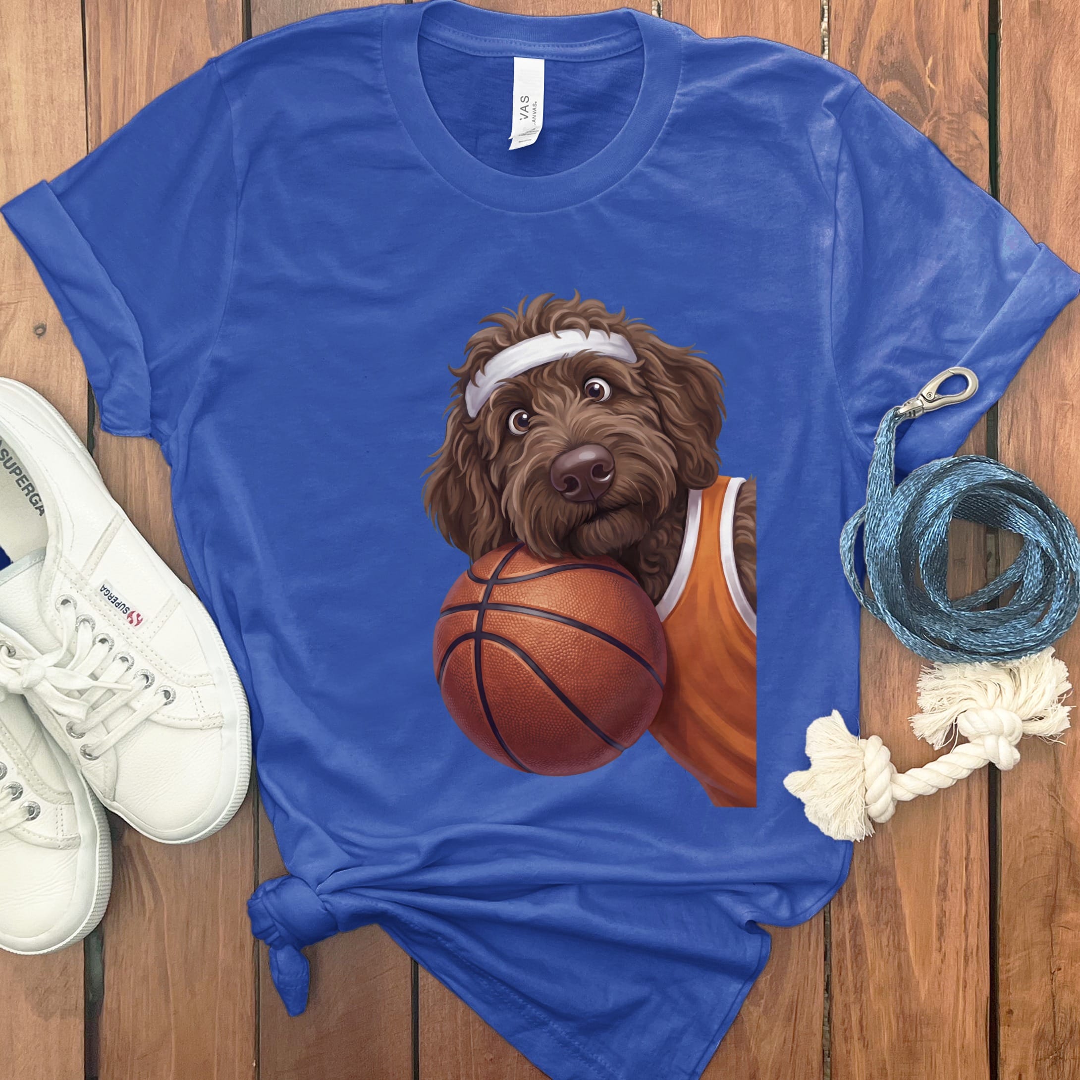 Chocolate Goldendoodle Basketball Player T-Shirt in True Royal / S by Puppy Jo