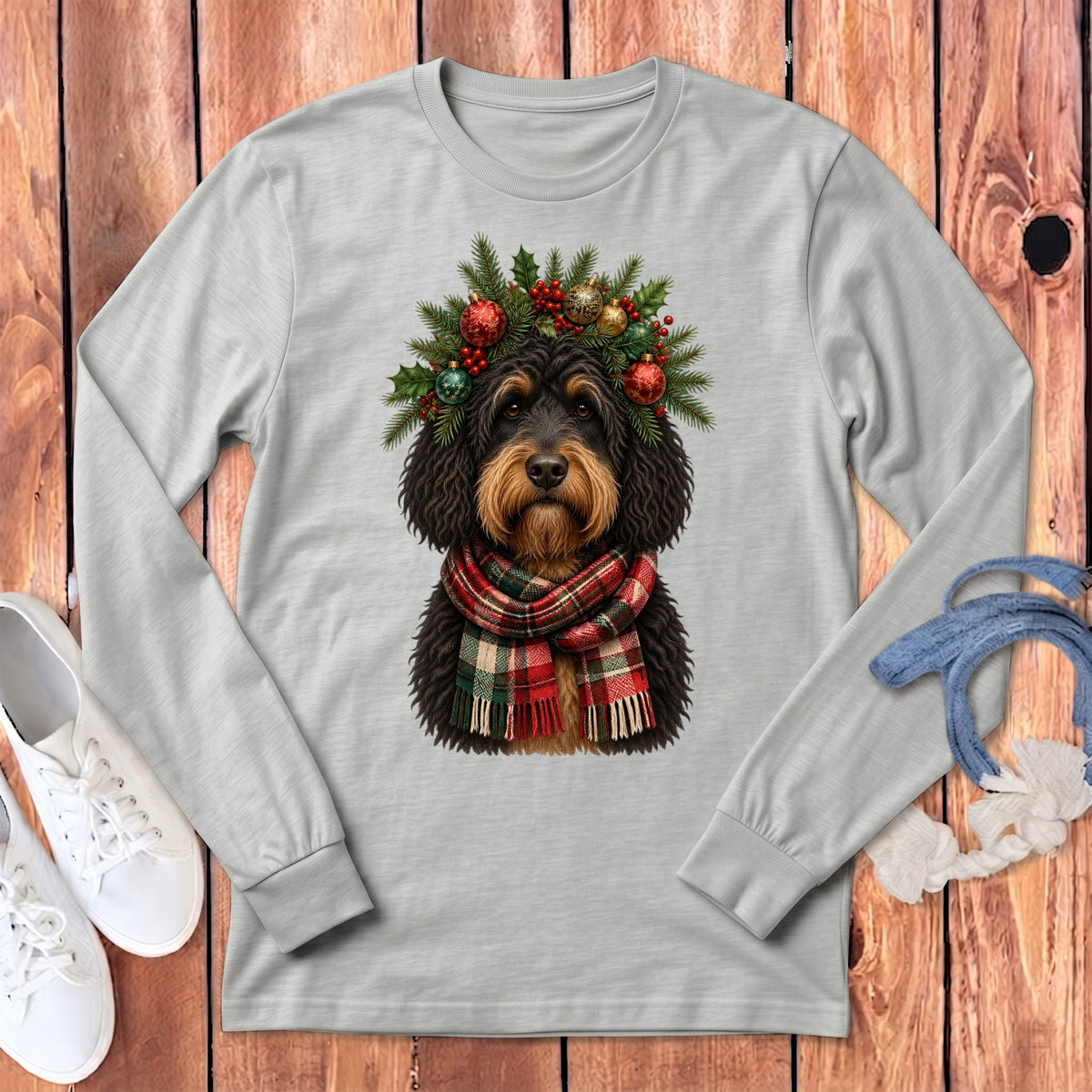 Phantom Goldendoodle Holiday Crown Long Sleeve T-Shirt in Athletic Heather / S by MyDesigns
