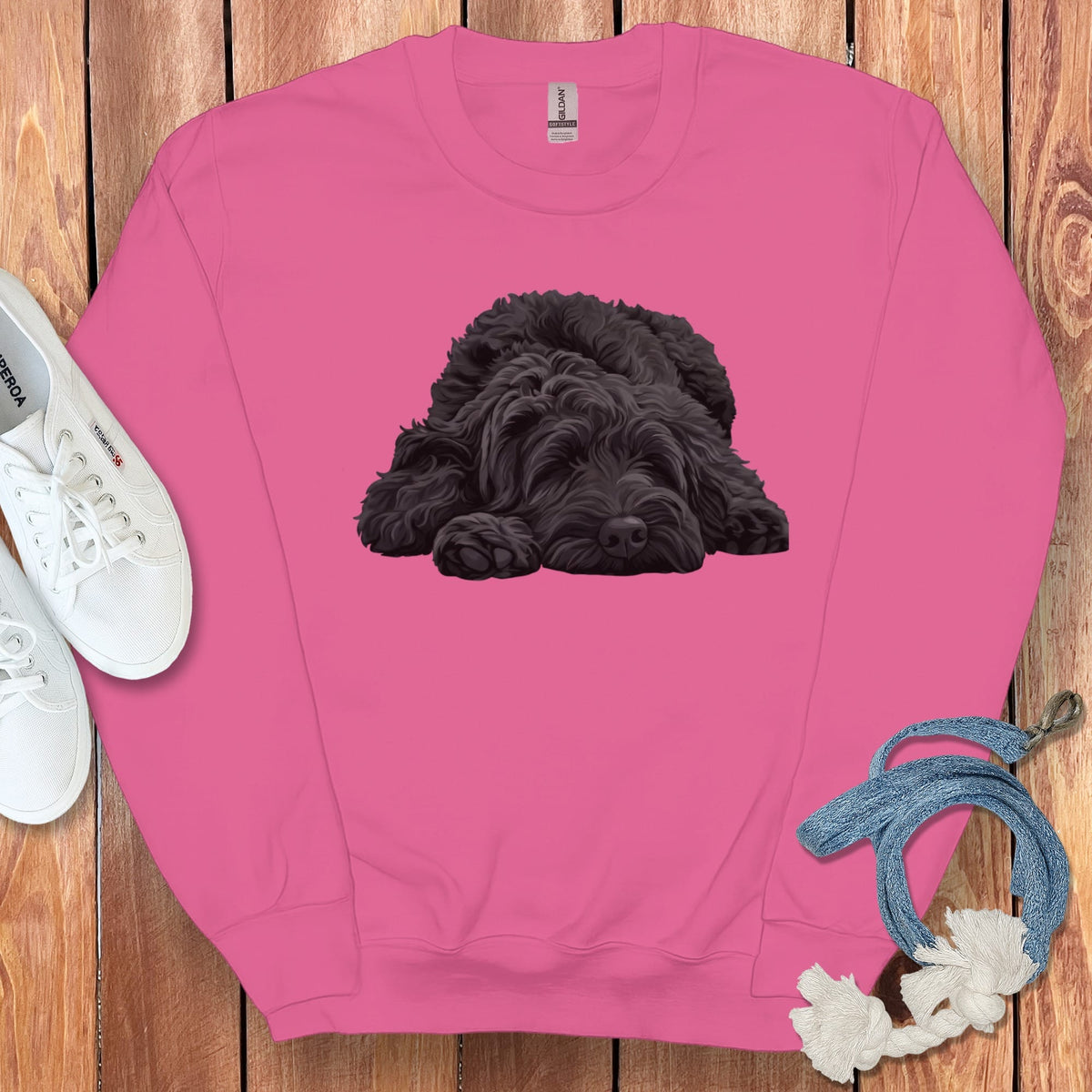Black Goldendoodle Snoozing Sweatshirt in Heliconia / S by Puppy Jo