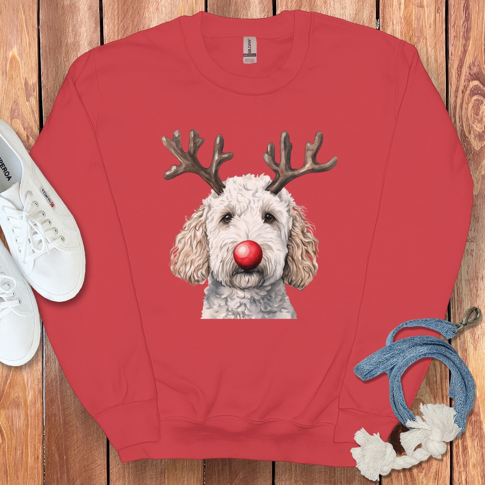 Cute Dog with Antlers Wearing Red Nose Sweatshirt