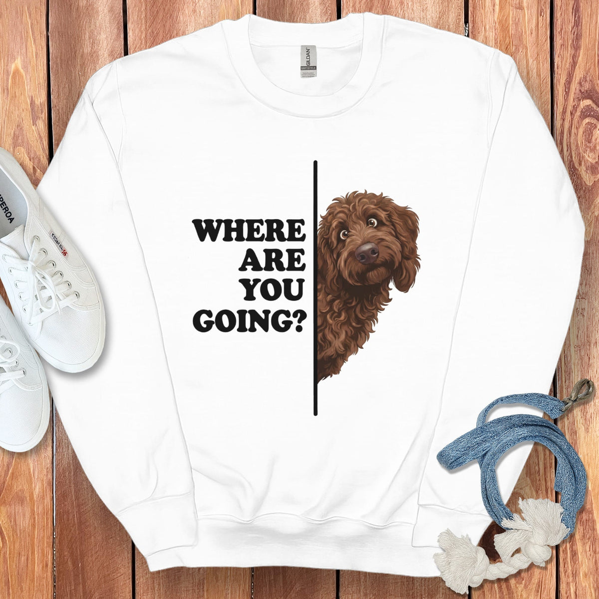 Where Going Chocolate Goldendoodle Sweatshirt in White / S by Puppy Jo