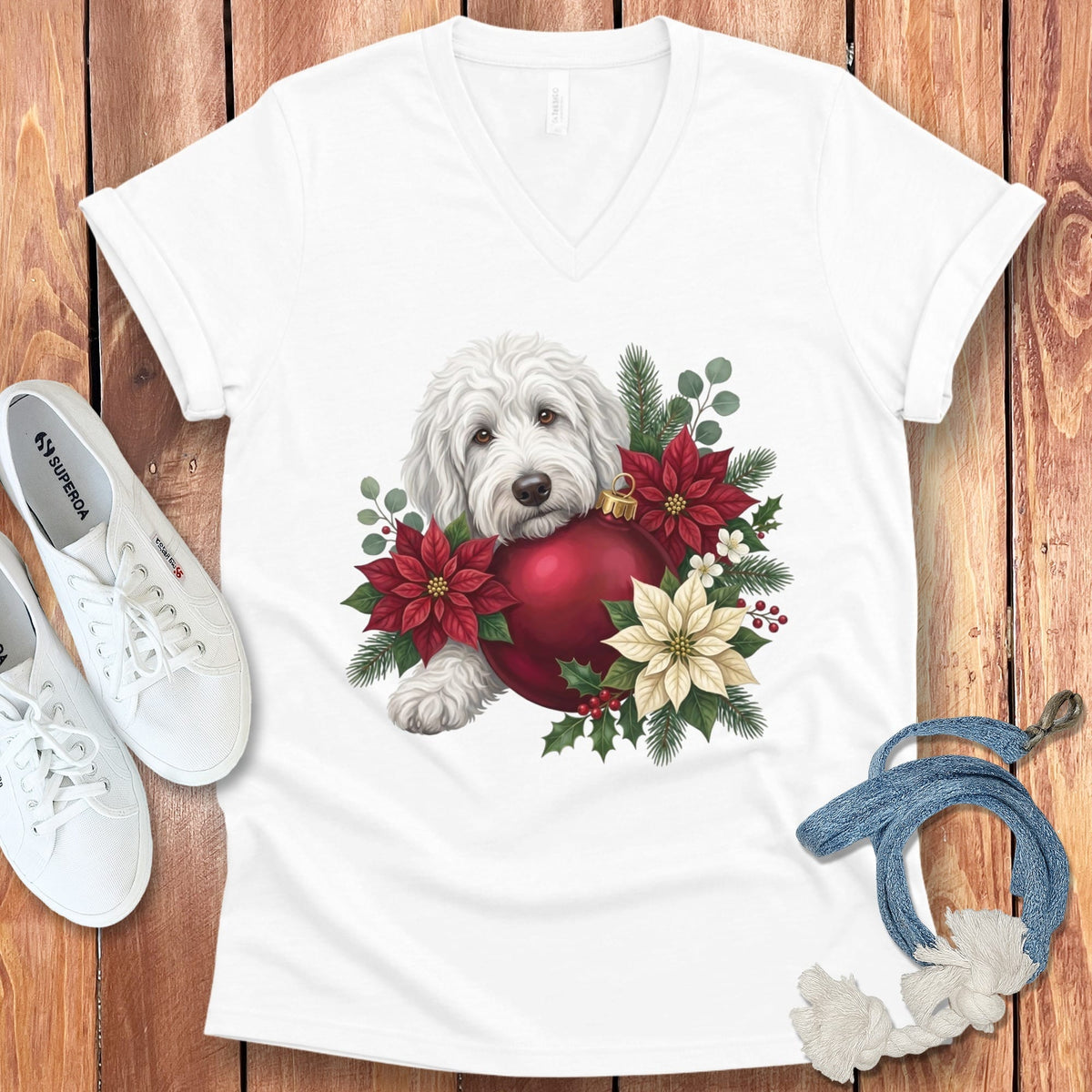 Maltipoo Holiday Cheer V-Neck T-Shirt in White / S by Puppy Jo