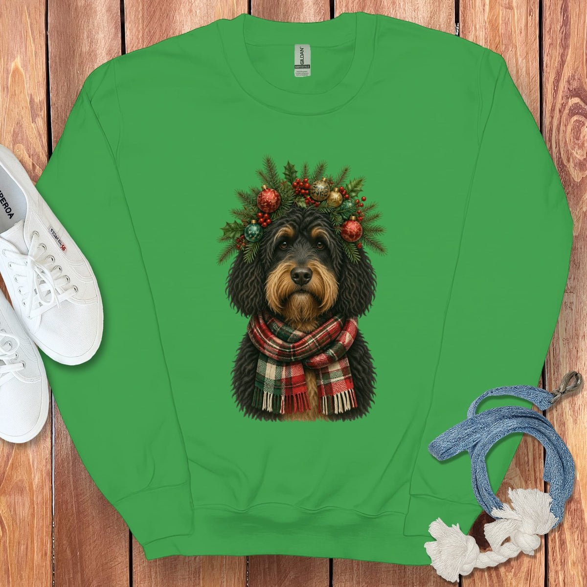 Phantom Goldendoodle Holiday Crown Sweatshirt in Irish Green / S by Puppy Jo