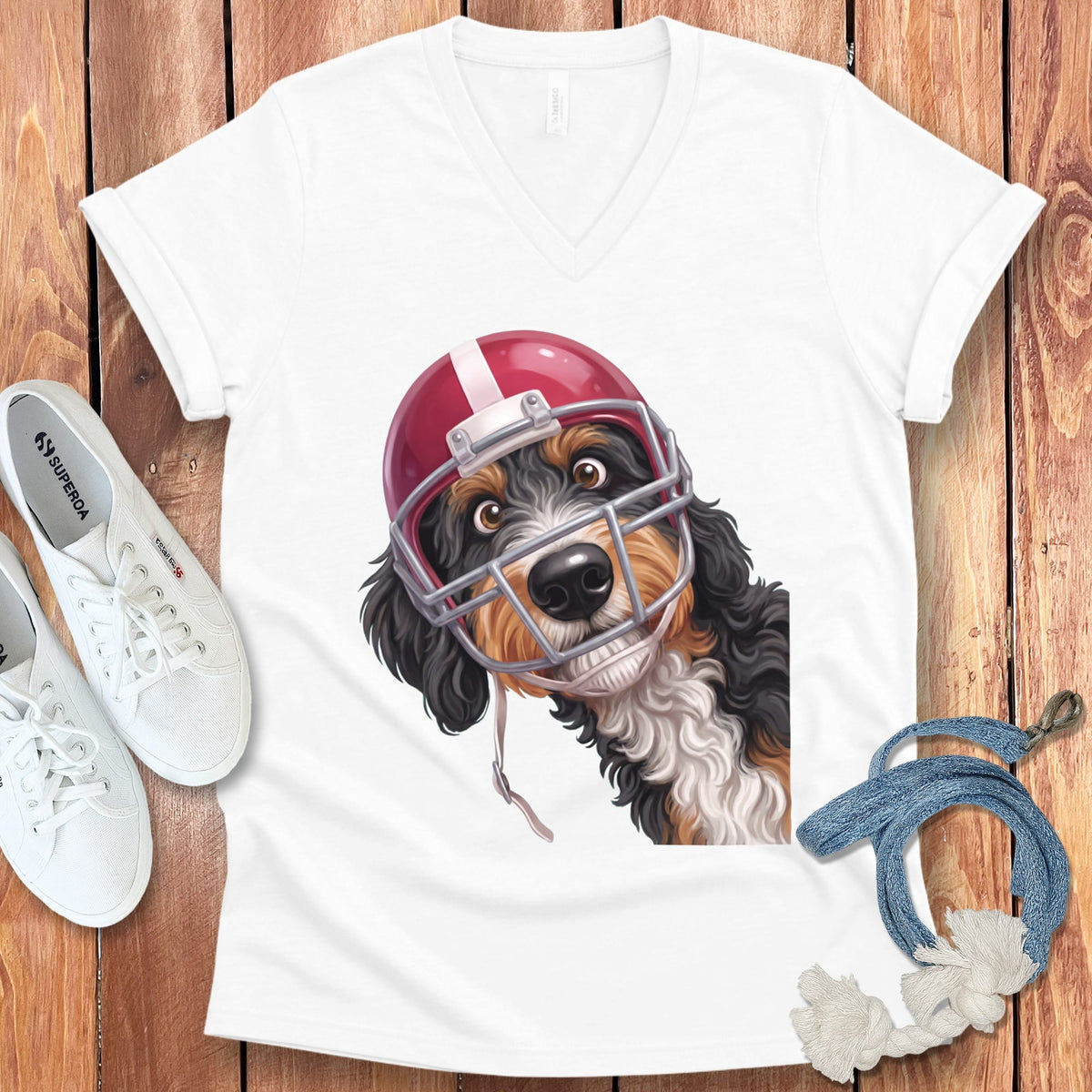 Bernedoodle Football Helmet V-Neck T-Shirt in White / S by Puppy Jo