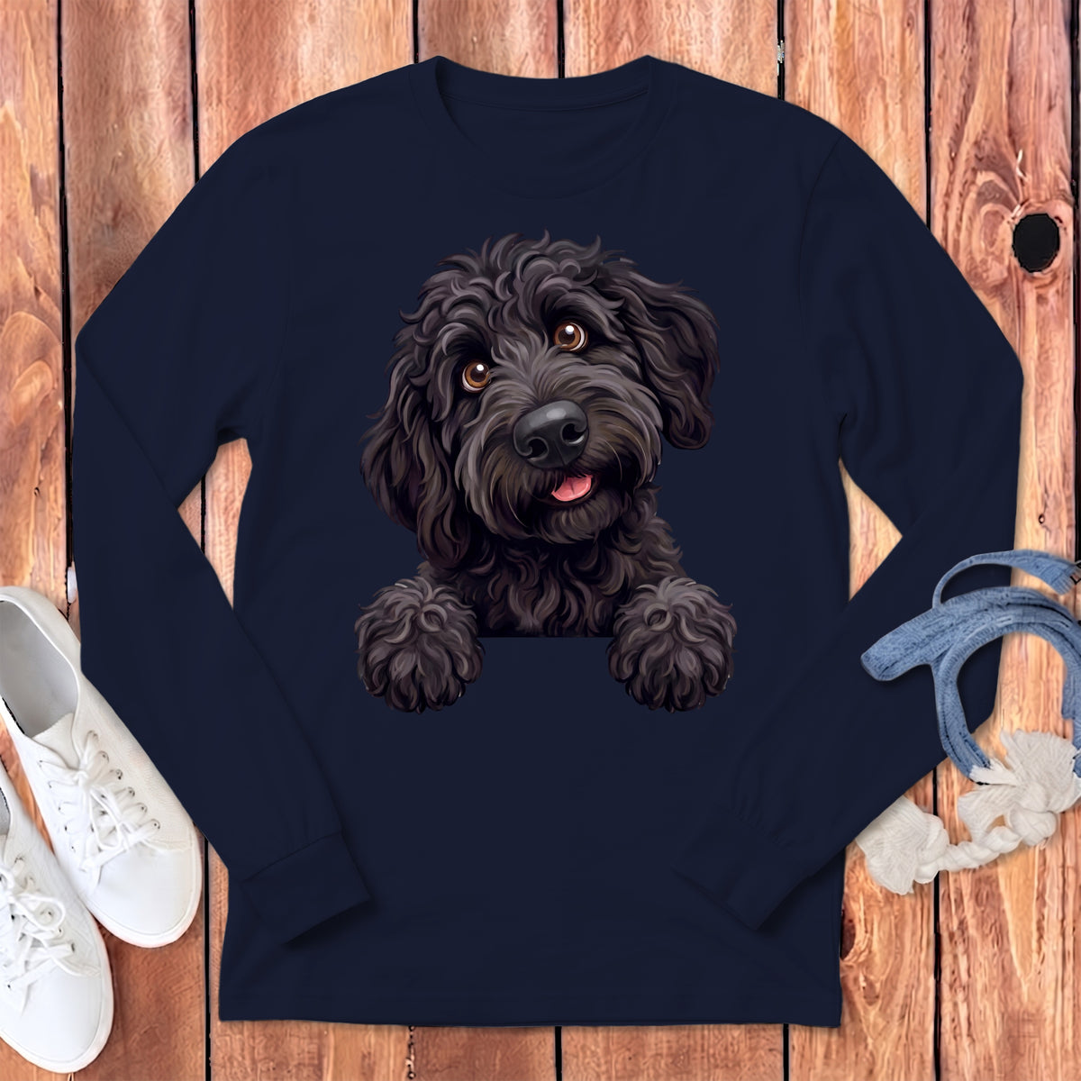 Dark navy long sleeve shirt with illustration of a black doodle dog peeking over the collar.