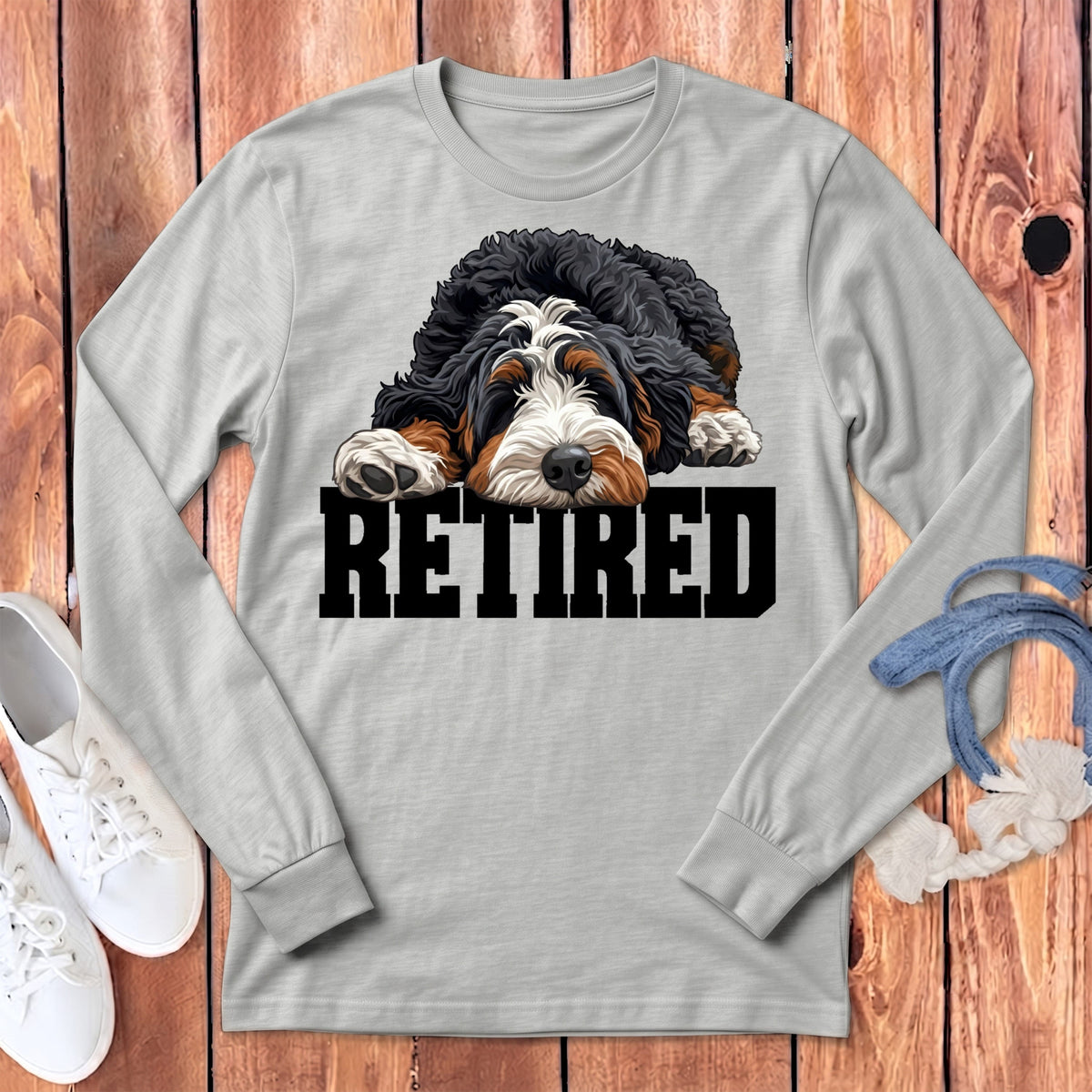 Retired Sleeping Bernedoodle Long Sleeve T-Shirt in Athletic Heather / S by Puppy Jo