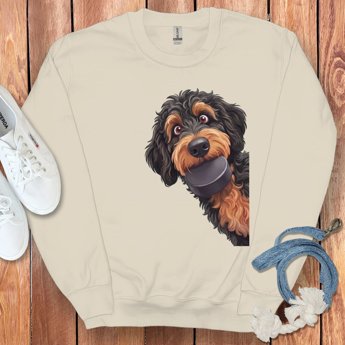 Phantom Goldendoodle Hockey Puck Sweatshirt in Sand / S by Puppy Jo