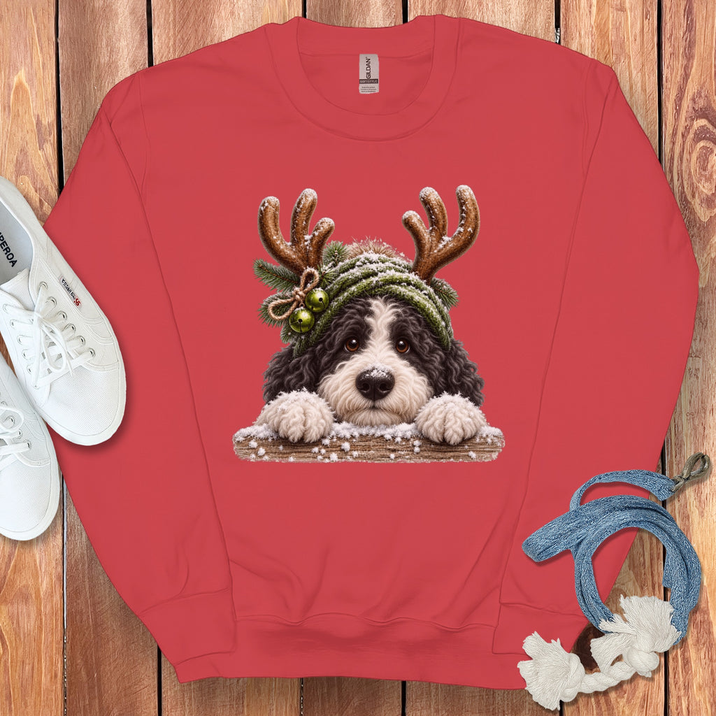 Red sweatshirt with a Christmas dog graphic, including antlers and bells.