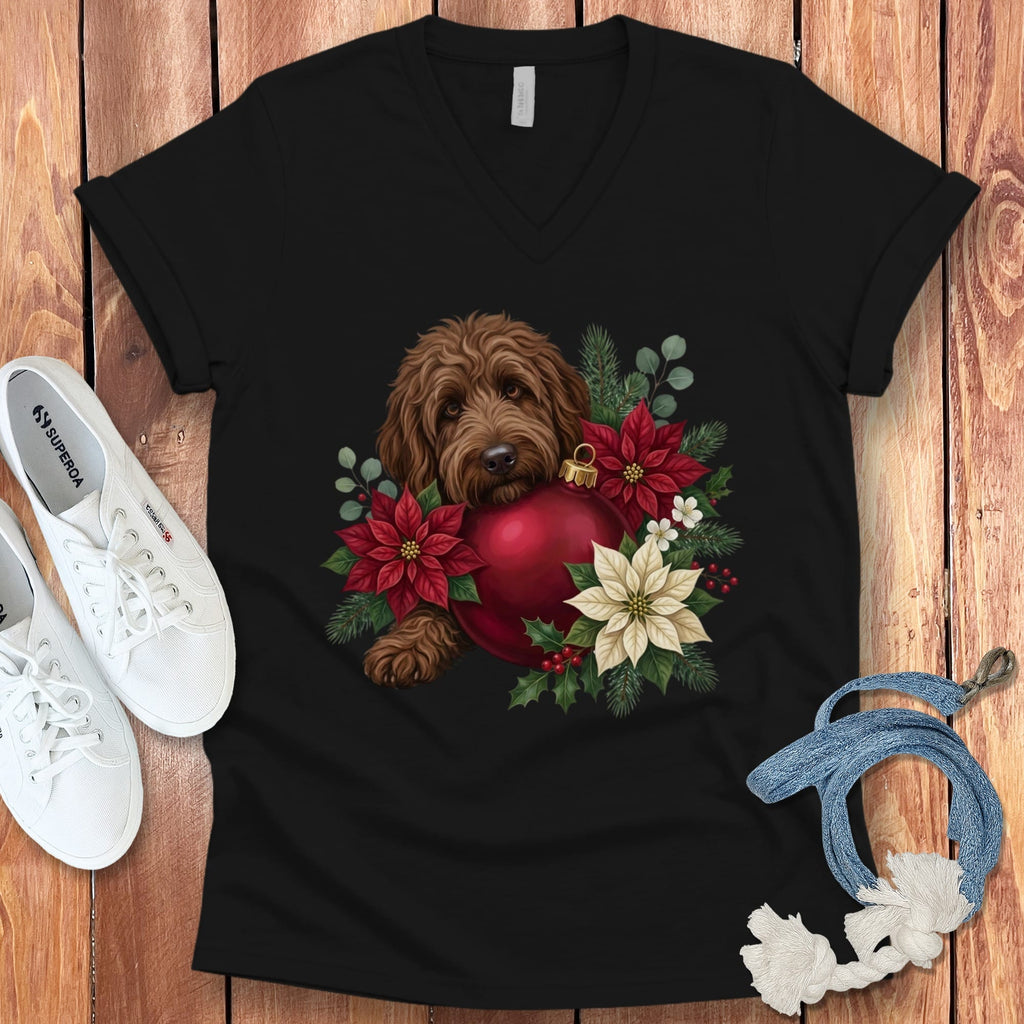 Chocolate Goldendoodle Holiday Cheer V-Neck T-Shirt in Black / S by Puppy Jo