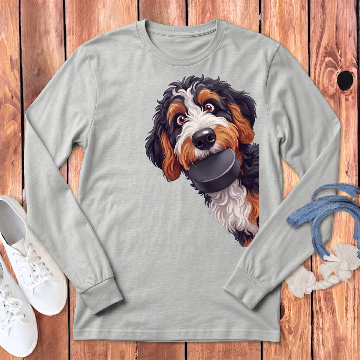 Bernedoodle Hockey Puck Long Sleeve T-Shirt in Athletic Heather / S by Puppy Jo