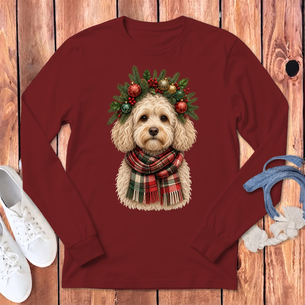 Maltipoo Holiday Crown Long Sleeve T-Shirt in Cardinal / S by MyDesigns