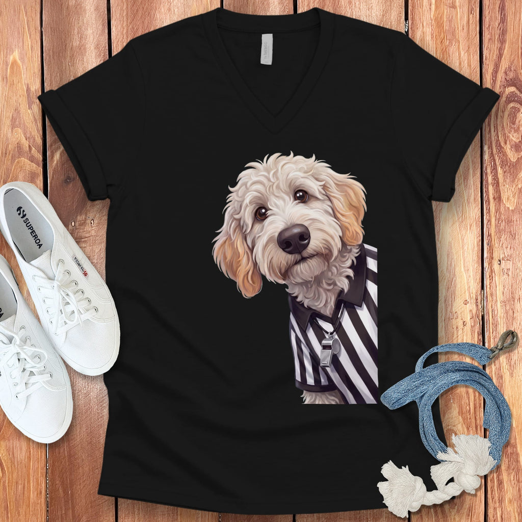 Maltipoo Football Referee V-Neck T-Shirt in Black / S by Puppy Jo