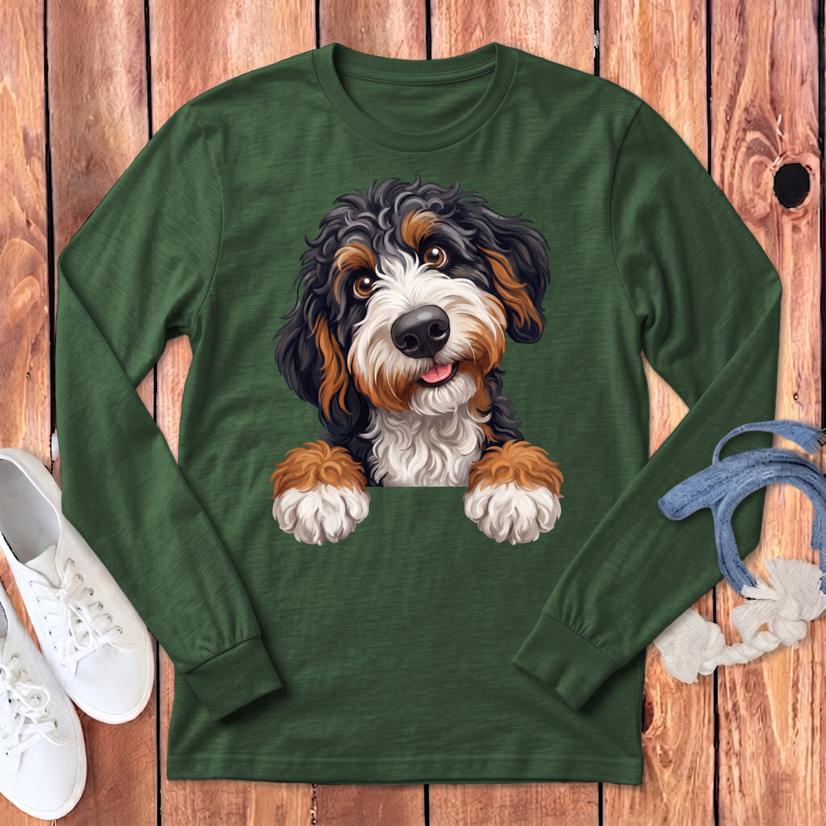 Green long-sleeve shirt with a cheerful Bernese Mountain Dog puppy graphic.