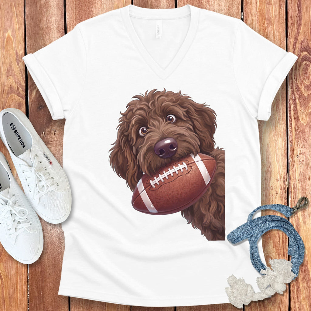 Chocolate Goldendoodle Football V-Neck T-Shirt in White / S by Puppy Jo
