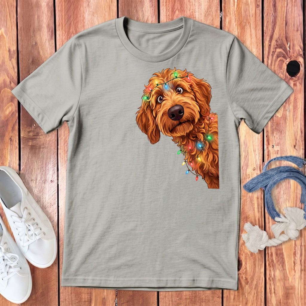 Light grey t-shirt with a brown dog wearing colorful string lights on its head.