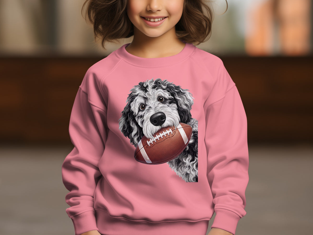 Pink sweatshirt with a black and white dog holding a football design.