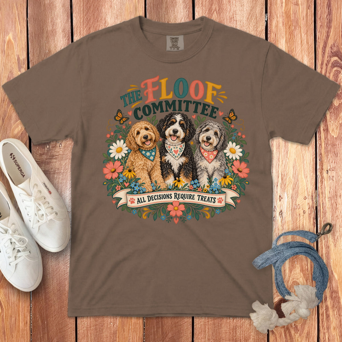 Brown t-shirt with three dogs and text "The Floof Committee All Decisions Require Treats".