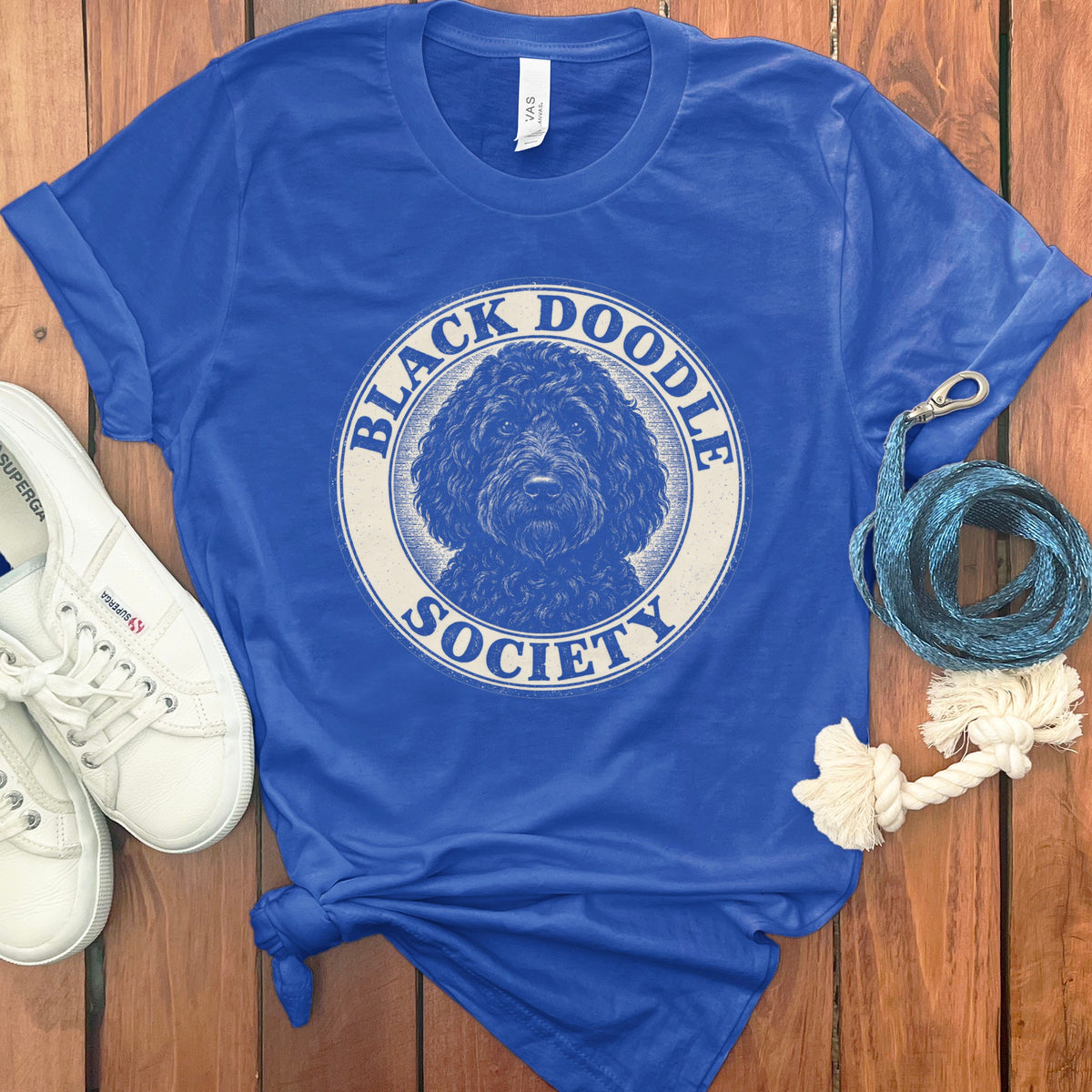 Blue t-shirt with "Black Doodle Society" text and doodle dog graphic.