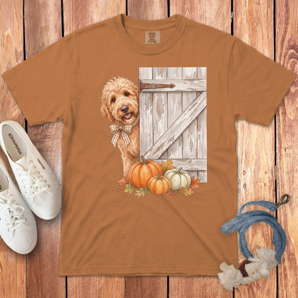 Brown t-shirt with golden retriever, barn door, and pumpkins graphic.