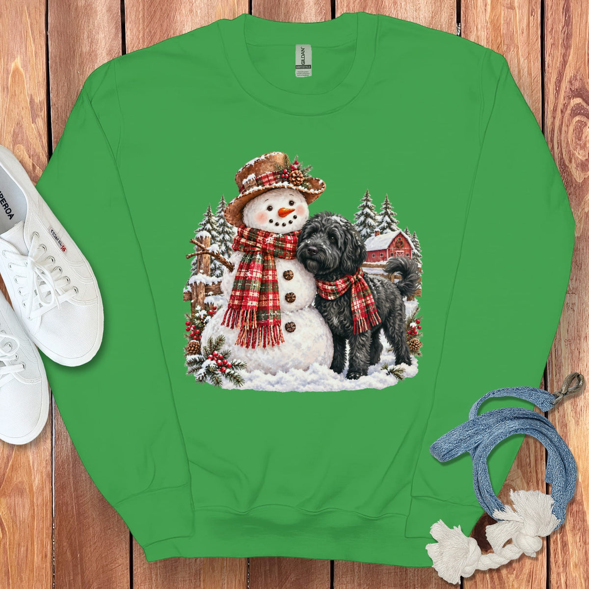 Black Goldendoodle Christmas Snowman Sweatshirt in Irish Green / S by Puppy Jo