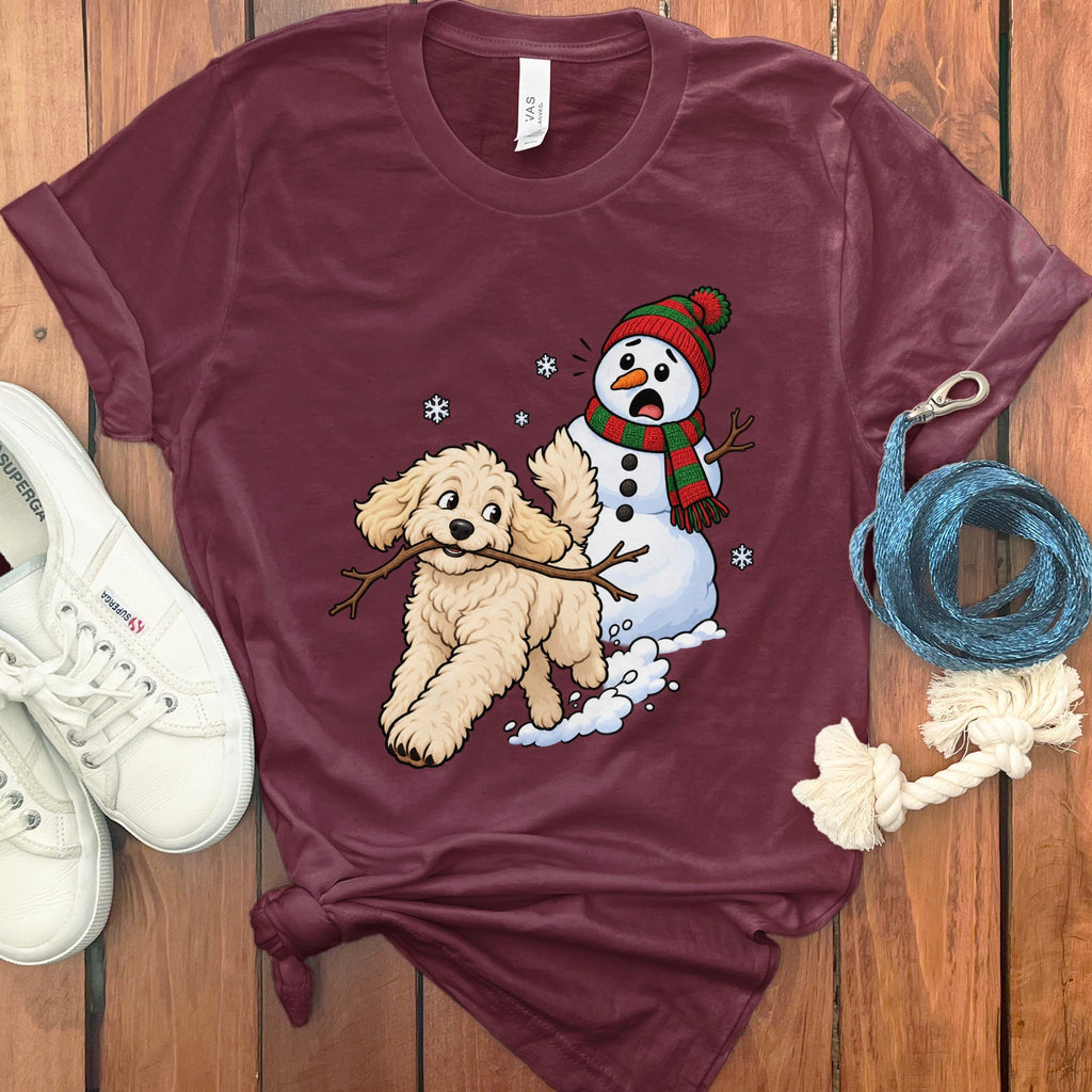 Cream Goldendoodle Snowman T-Shirt in Maroon / S by Puppy Jo