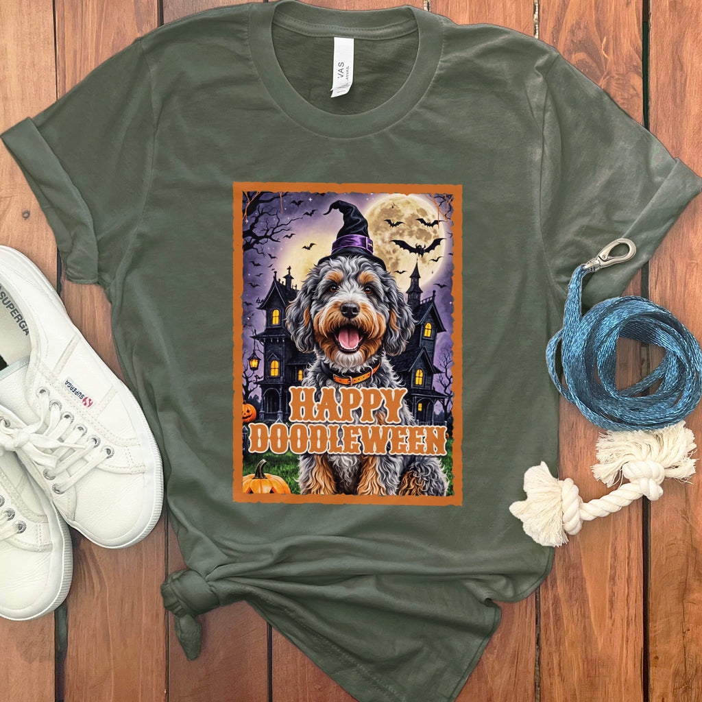 Aussiedoodle Happy Doodleween T-Shirt in S / Military Green by Puppy Jo