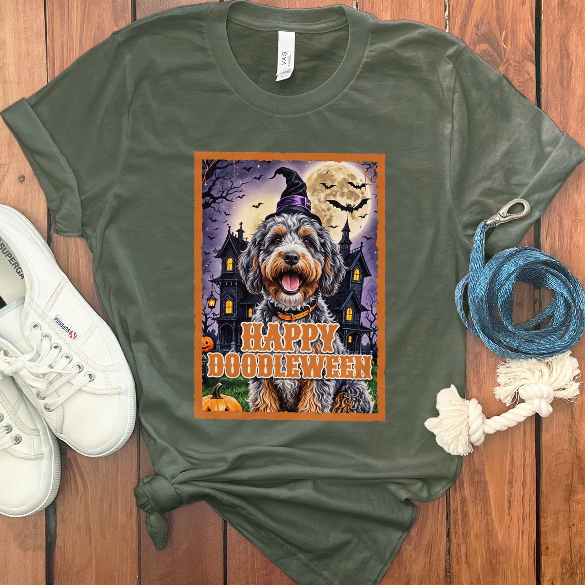 Aussiedoodle Happy Doodleween T-Shirt in S / Military Green by Puppy Jo