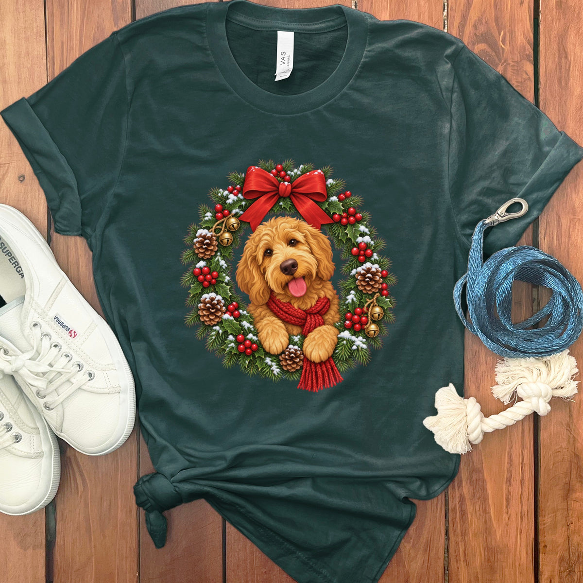 Dark green t-shirt featuring a goldendoodle puppy wearing a red scarf inside a Christmas wreath.