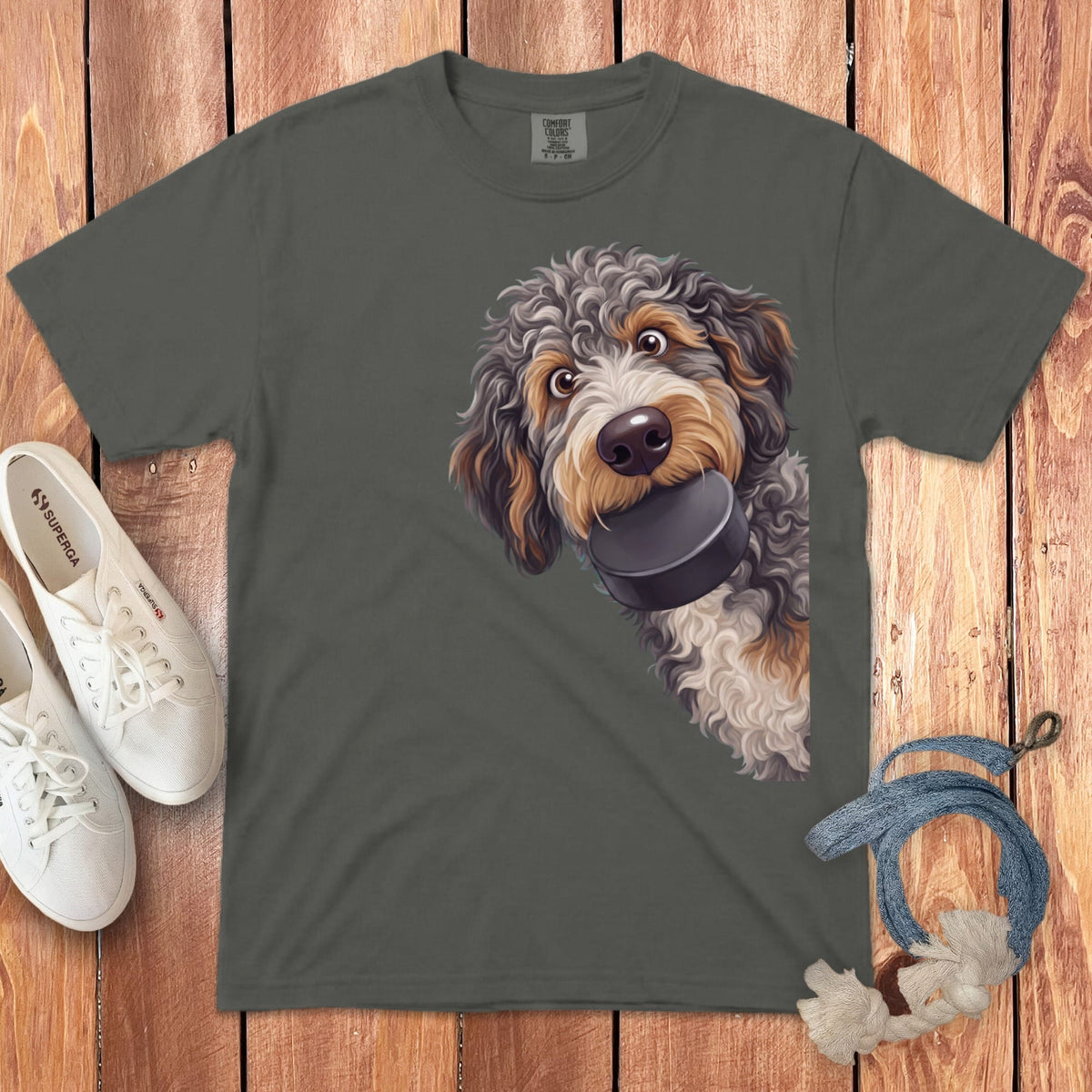 Aussiedoodle Hockey Puck Signature T-Shirt in Pepper / S by Puppy Jo