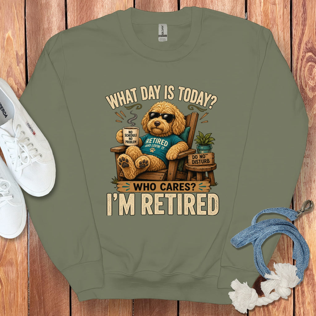 I'm Retired Golden Goldendoodle Sweatshirt in Military Green / S by Puppy Jo