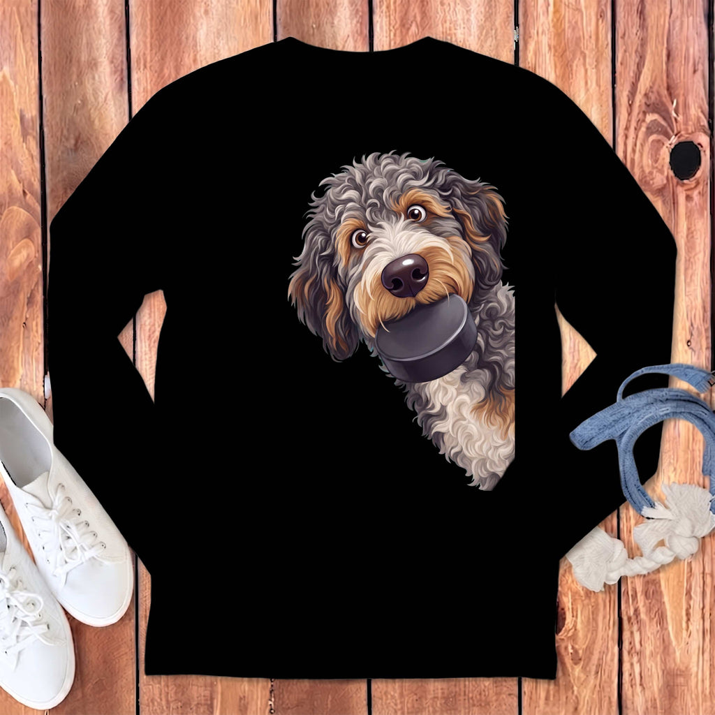 Aussiedoodle Hockey Puck Long Sleeve T-Shirt in Black / S by Puppy Jo