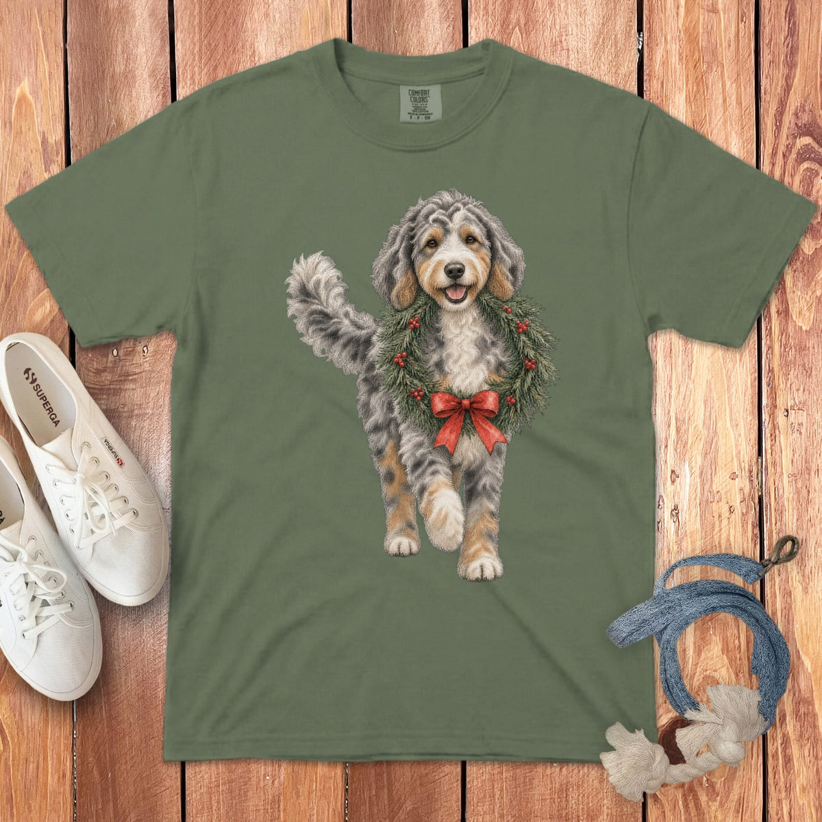 Aussiedoodle Wreath Signature T-Shirt in Moss / S by Puppy Jo