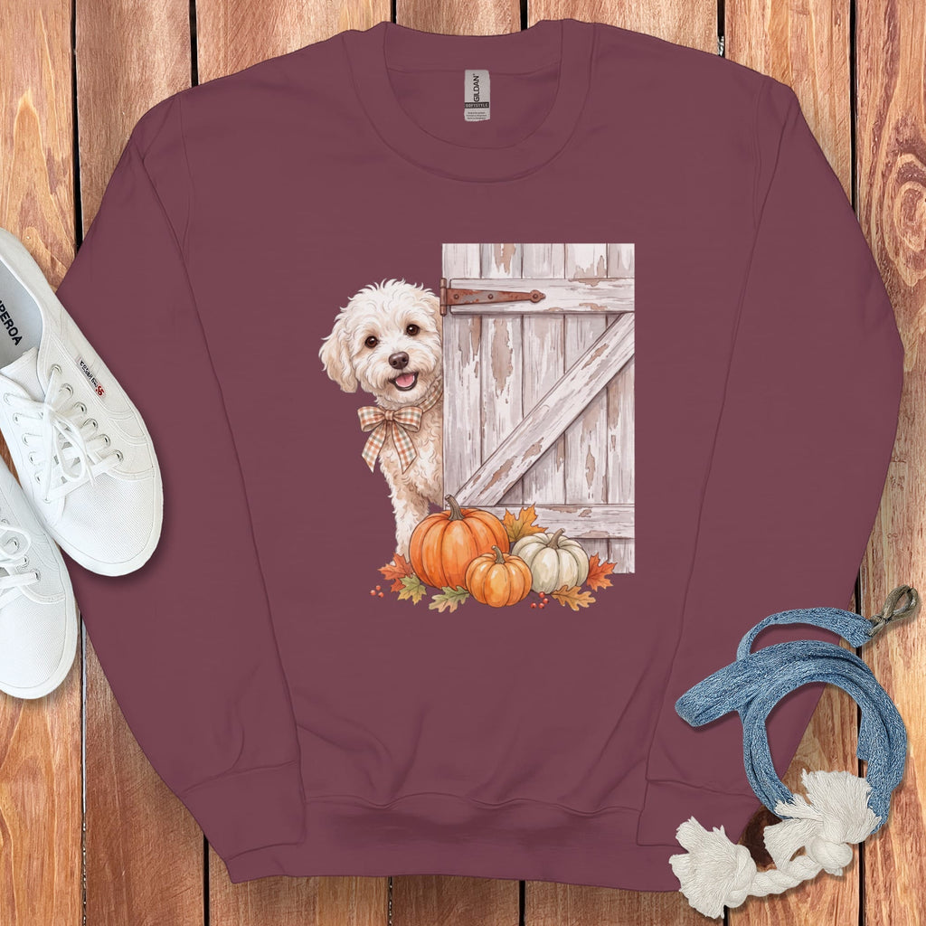 Maltipoo Barn Peeking Sweatshirt in Maroon / S by Puppy Jo