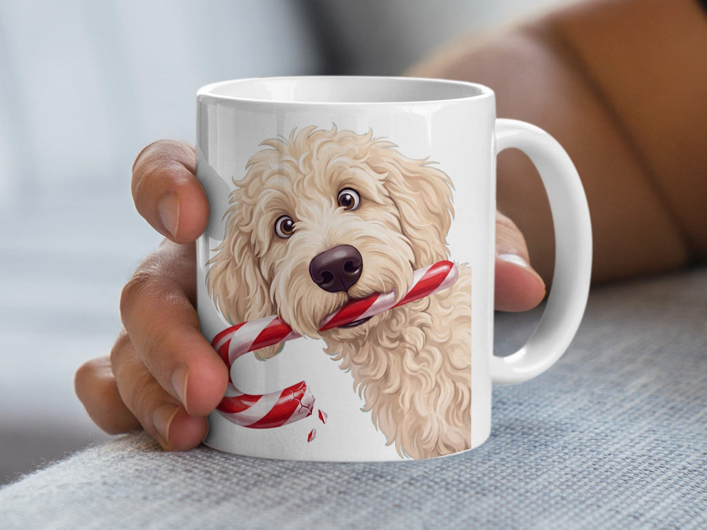 Cream Goldendoodle Candy Cane Thief Mug in by Puppy Jo