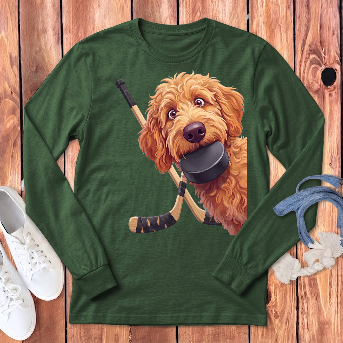 Apricot Goldendoodle Hockey Long Sleeve T-Shirt in Heather Forest / S by Puppy Jo
