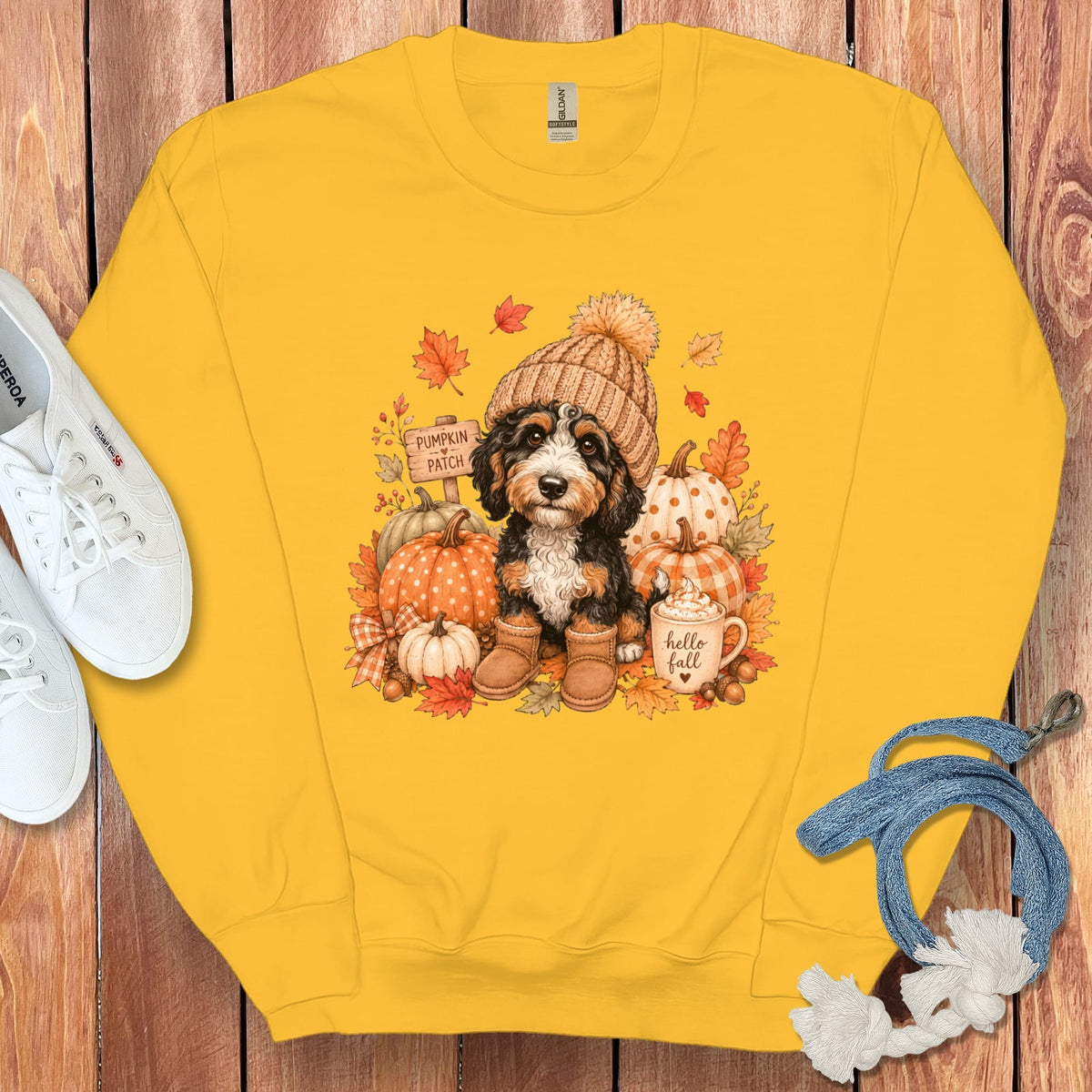 Bernedoodle Pumpkin Patch Sweatshirt in Gold / S by Puppy Jo